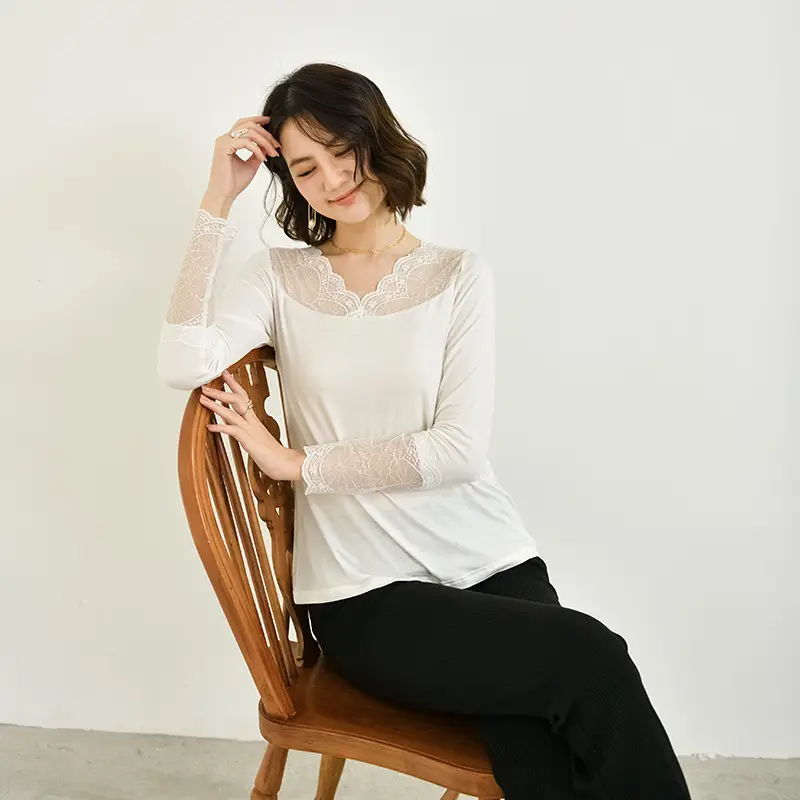 Women's Black Lace Long Sleeve T-Shirt Large - Image 5