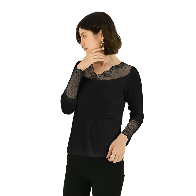 Women's Black Lace Long Sleeve T-Shirt Large - Image 7