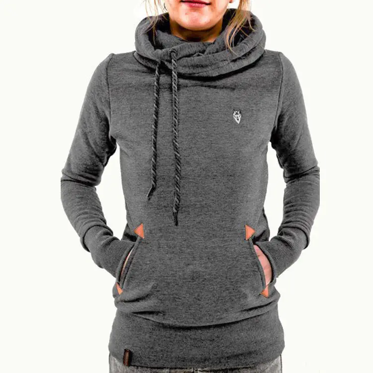 Women Grey Flap Pocket Hooded Sweatshirt with Embroidered Logo