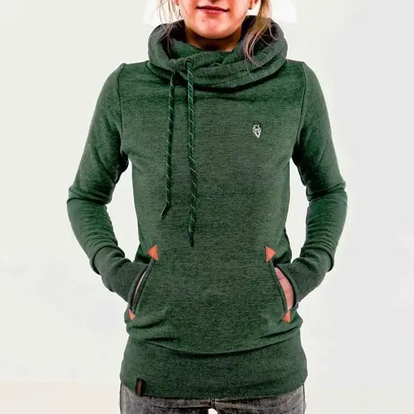 Women Grey Flap Pocket Hooded Sweatshirt with Embroidered Logo