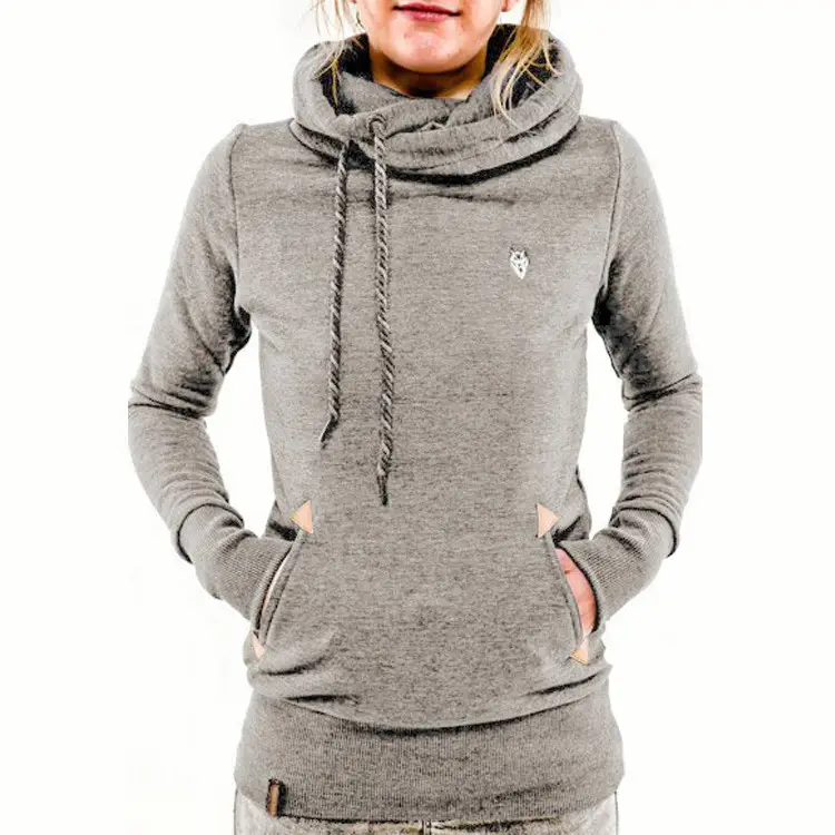 Women Grey Flap Pocket Hooded Sweatshirt with Embroidered Logo