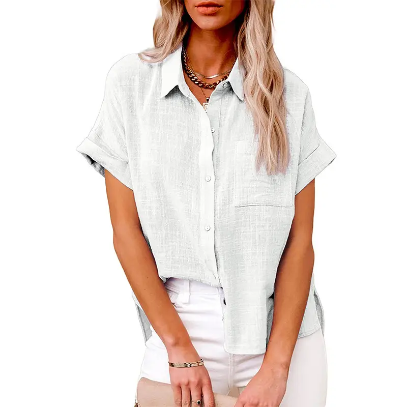 Women Chiffon Button Short Sleeve Shirt Light Green