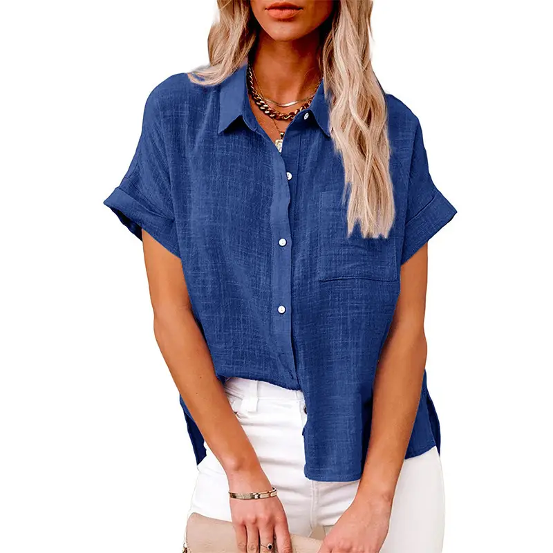 Women Chiffon Button Short Sleeve Shirt Light Green