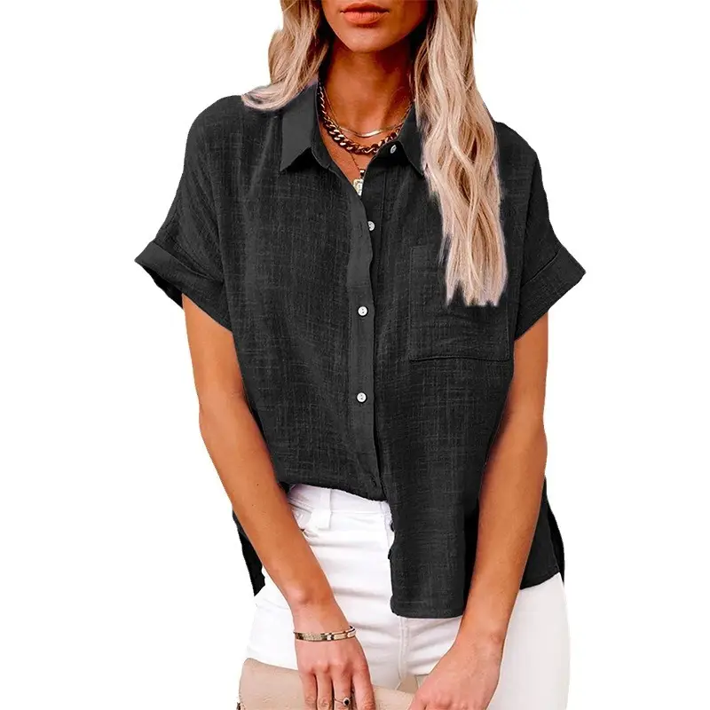 Women Chiffon Button Short Sleeve Shirt Light Green