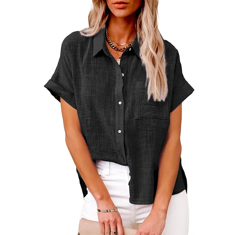 Women Chiffon Button Short Sleeve Shirt Light Green