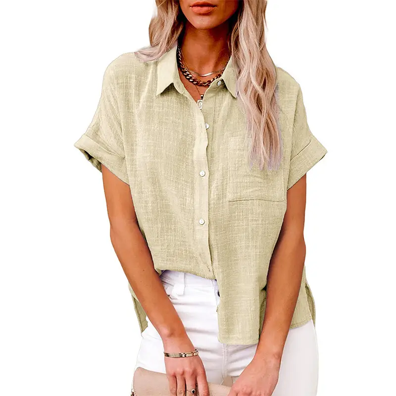 Women Chiffon Button Short Sleeve Shirt Light Green