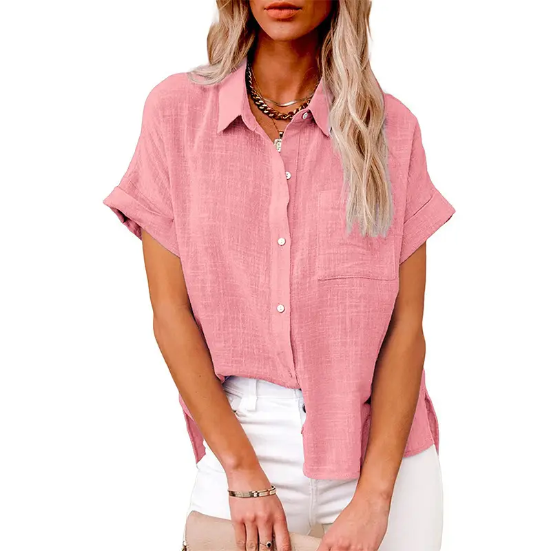 Women Chiffon Button Short Sleeve Shirt Light Green