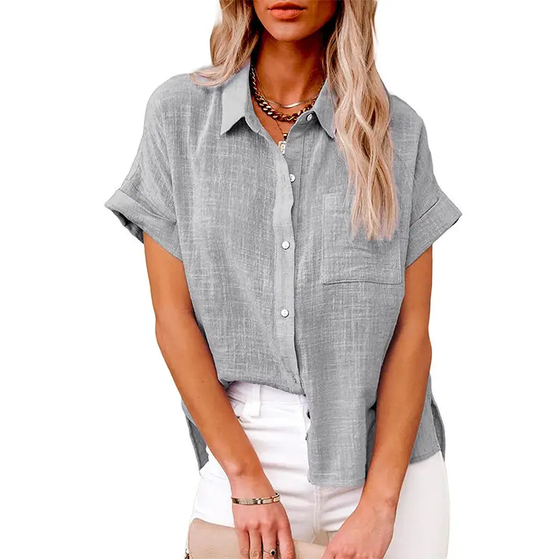 Women Chiffon Button Short Sleeve Shirt Light Green