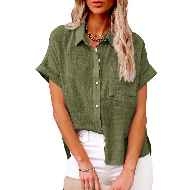 Women Chiffon Button Short Sleeve Shirt Light Green