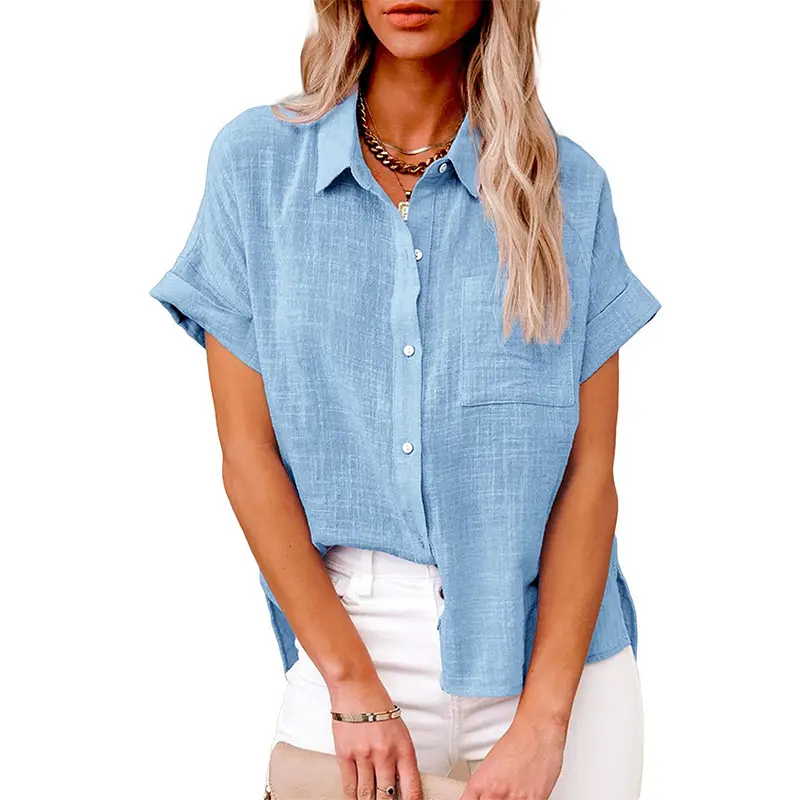 Women Chiffon Button Short Sleeve Shirt Light Green