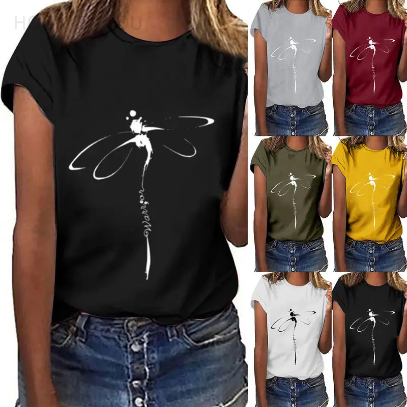 Short Sleeve Dragonfly Print T-Shirt White Loose Fit - Image 7