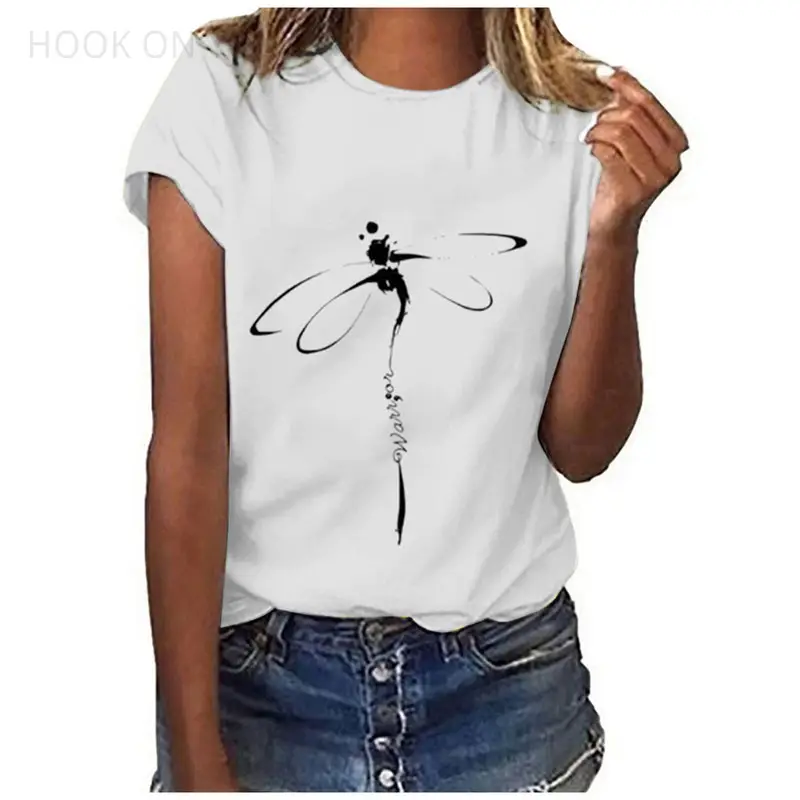 Short Sleeve Dragonfly Print T-Shirt White Loose Fit - Image 8