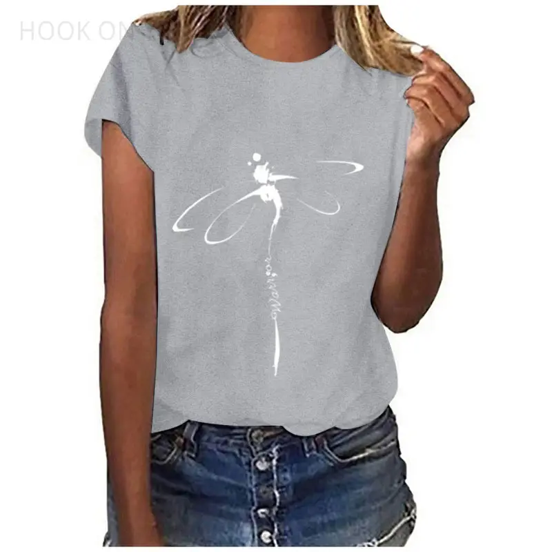 Short Sleeve Dragonfly Print T-Shirt White Loose Fit - Image 11