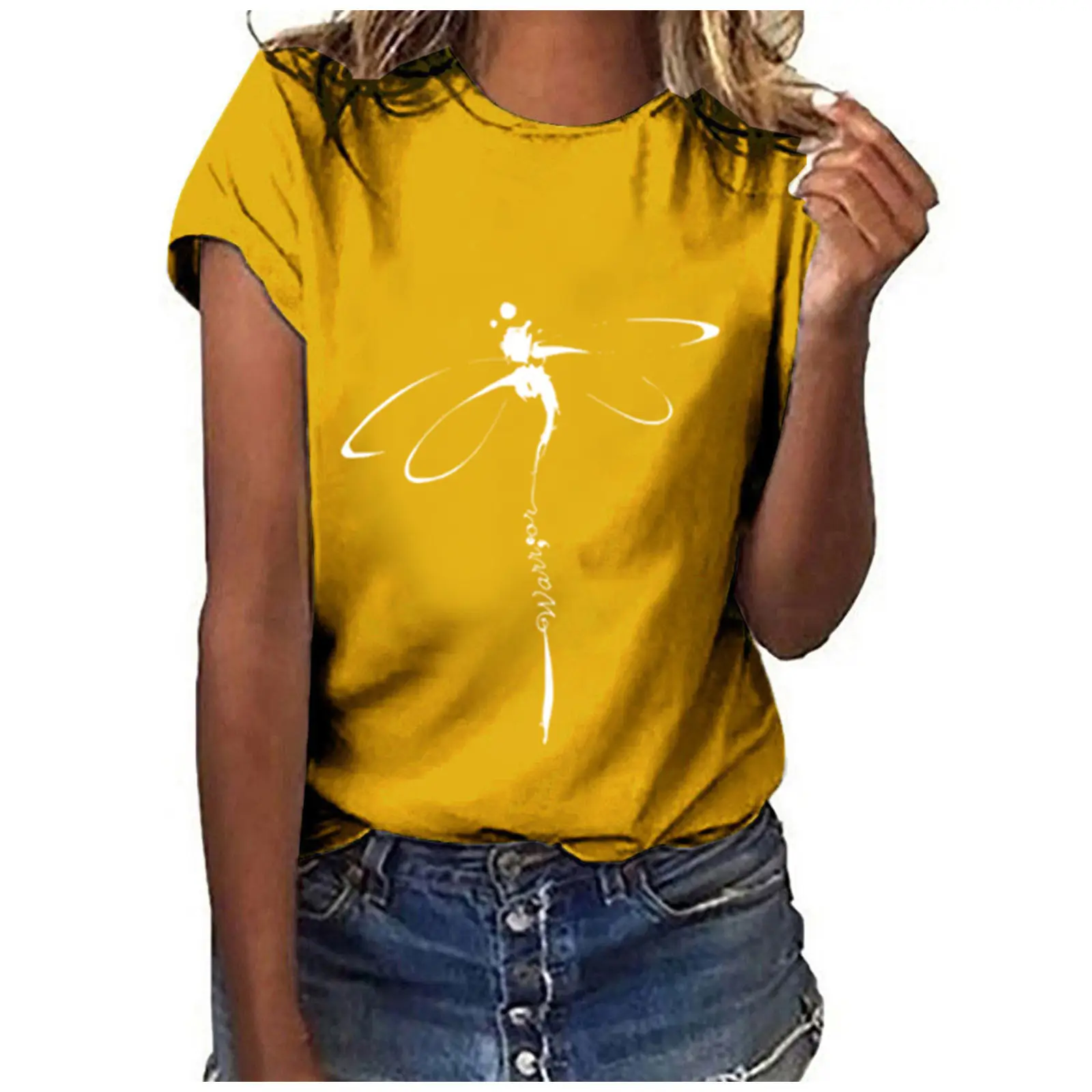 Short Sleeve Dragonfly Print T-Shirt White Loose Fit - Image 2