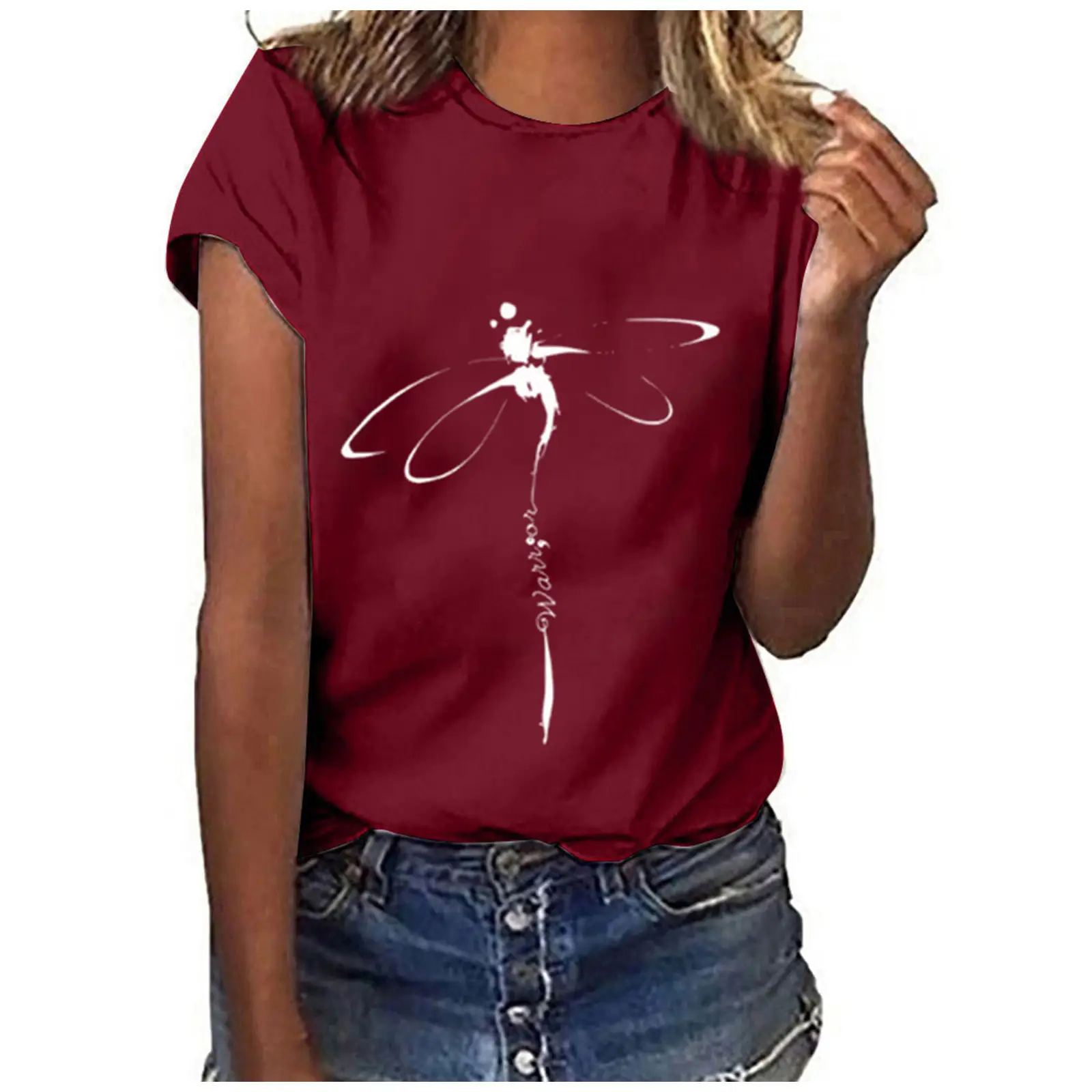 Short Sleeve Dragonfly Print T-Shirt White Loose Fit - Image 3