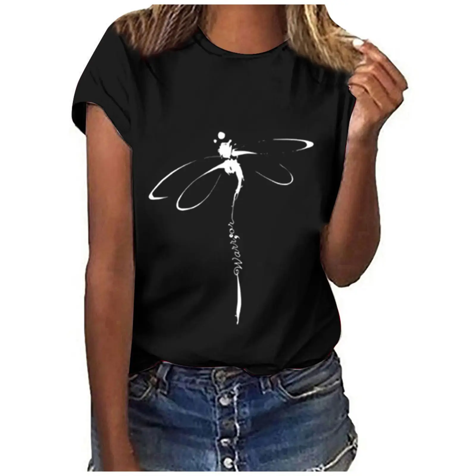 Short Sleeve Dragonfly Print T-Shirt White Loose Fit - Image 5