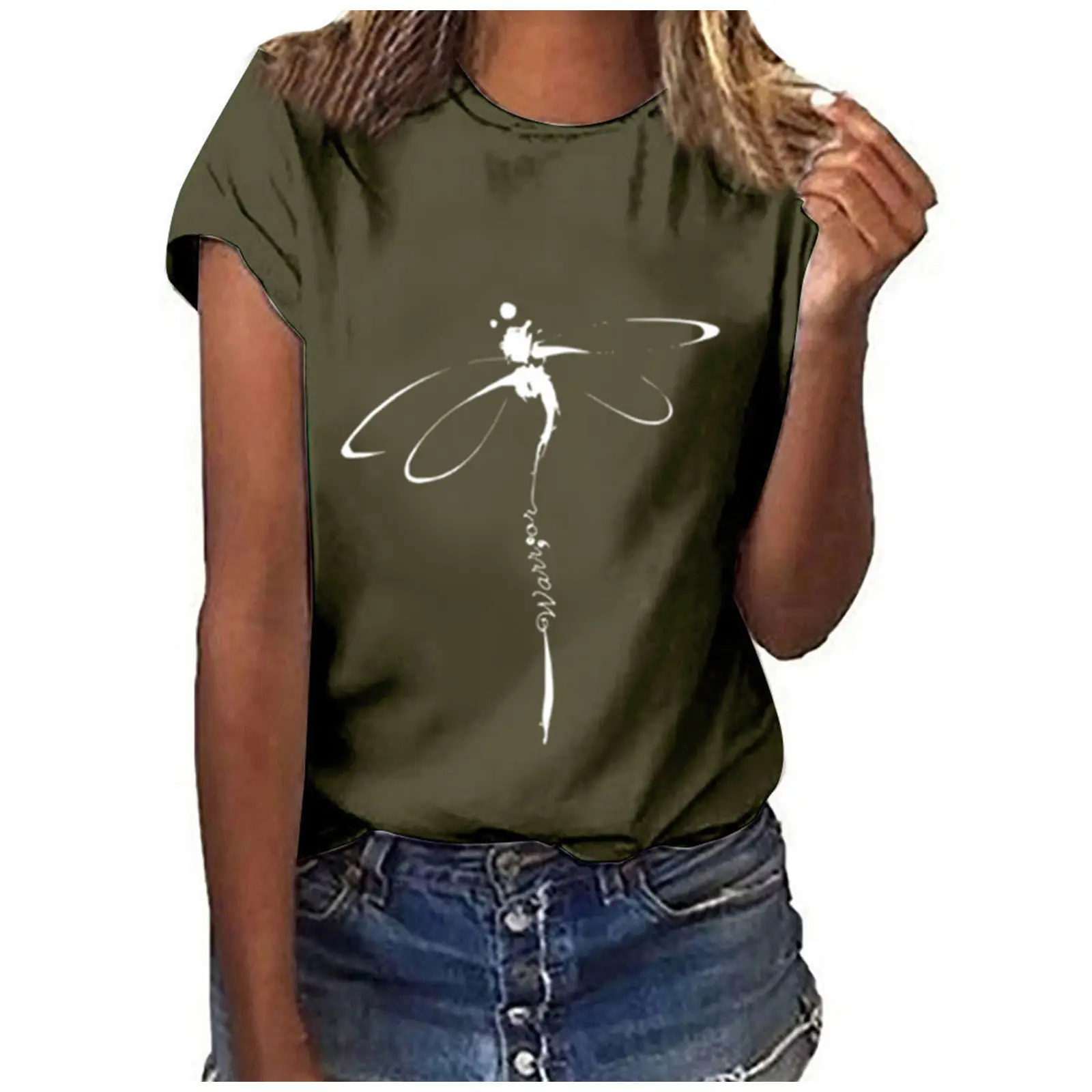 Short Sleeve Dragonfly Print T-Shirt White Loose Fit - Image 6