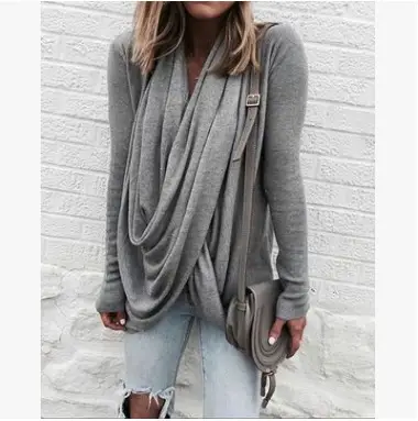 2024 Grey Asymmetrical Pile Collar Long Slim T-Shirt Top - Image 4