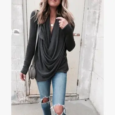 2024 Grey Asymmetrical Pile Collar Long Slim T-Shirt Top - Image 5