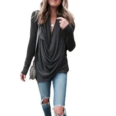 2024 Grey Asymmetrical Pile Collar Long Slim T-Shirt Top - Image 7