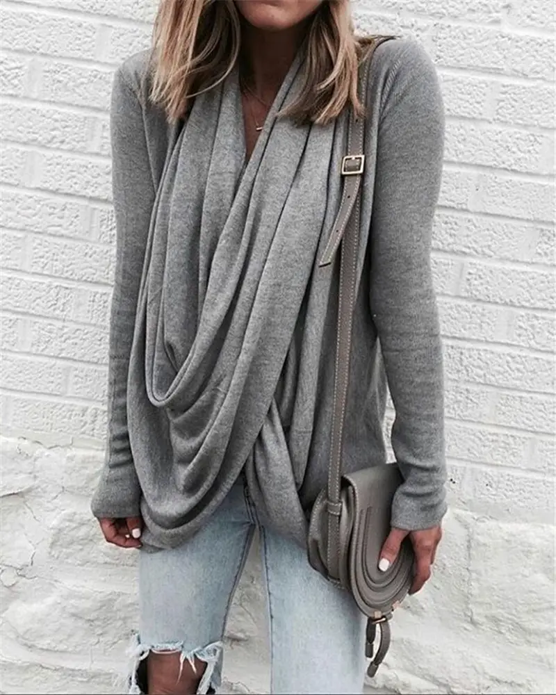 2024 Grey Asymmetrical Pile Collar Long Slim T-Shirt Top - Image 2