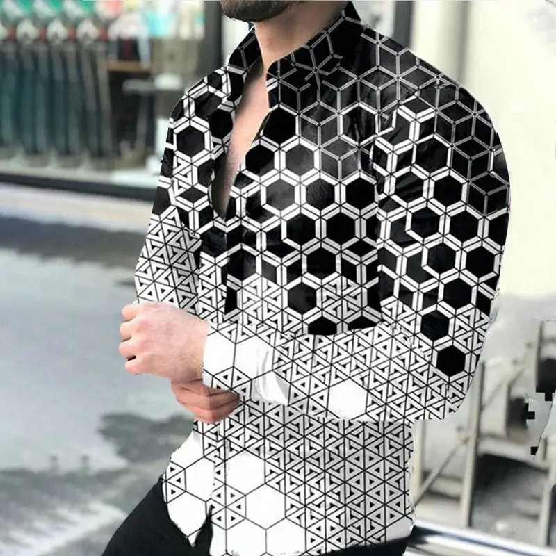 3D Geometric Lapel Shirt Men Black White Casual Street Ballroom - Image 8