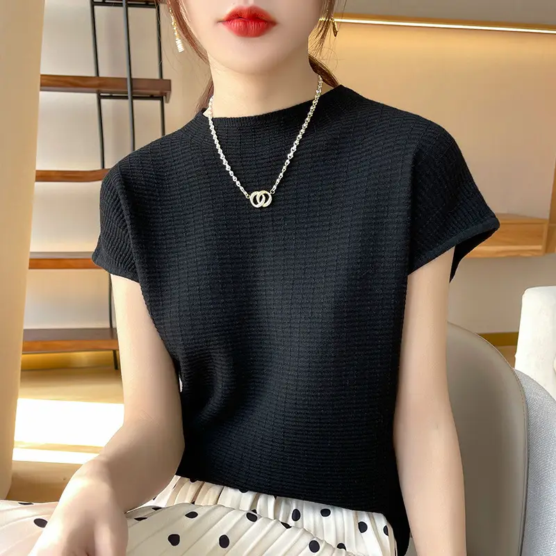 Women's White Knitted Checkered T-Shirt Half Turtleneck - Image 12