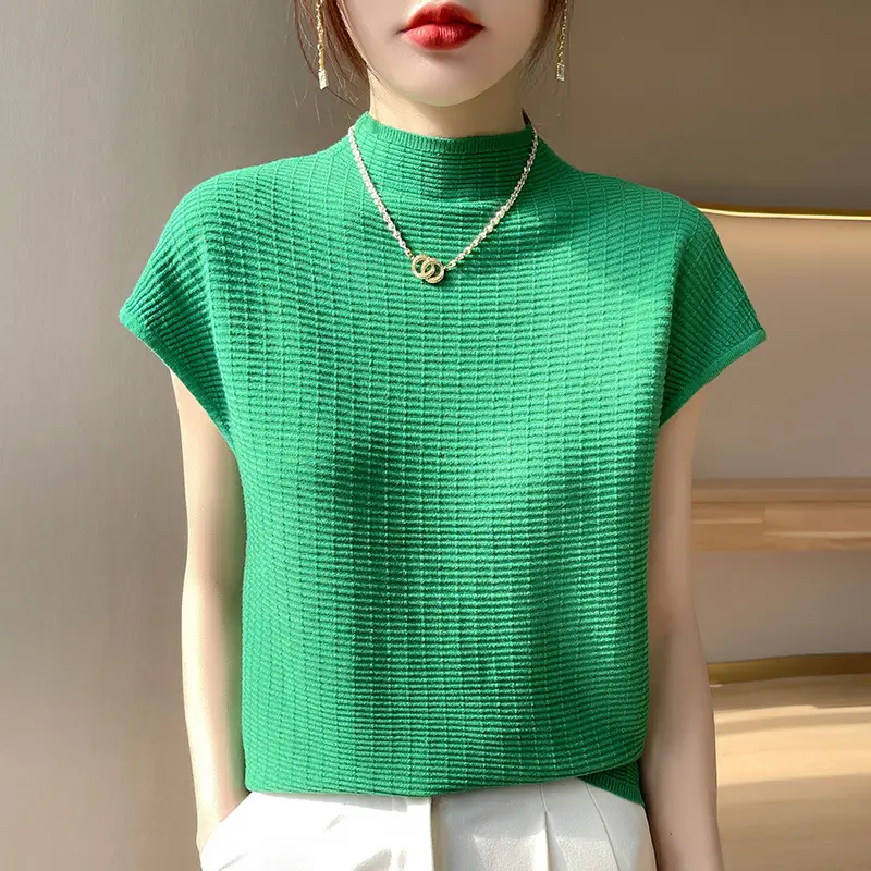 Women's White Knitted Checkered T-Shirt Half Turtleneck - Image 13