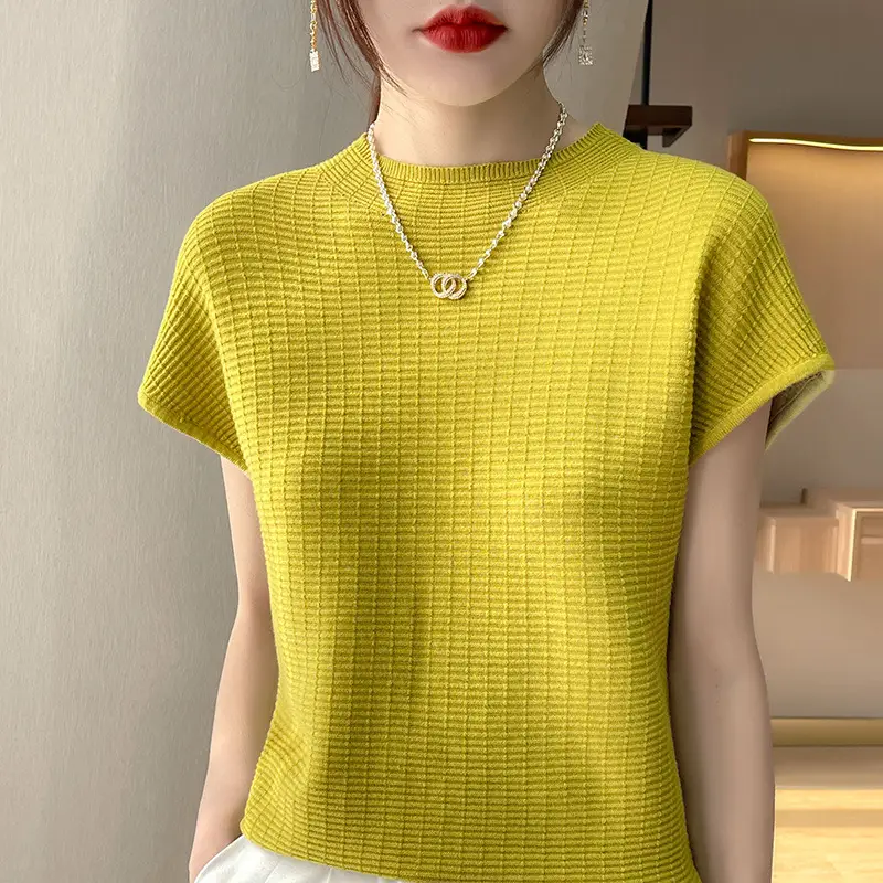 Women's White Knitted Checkered T-Shirt Half Turtleneck - Image 14