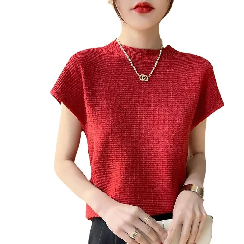 Women's White Knitted Checkered T-Shirt Half Turtleneck - Image 15