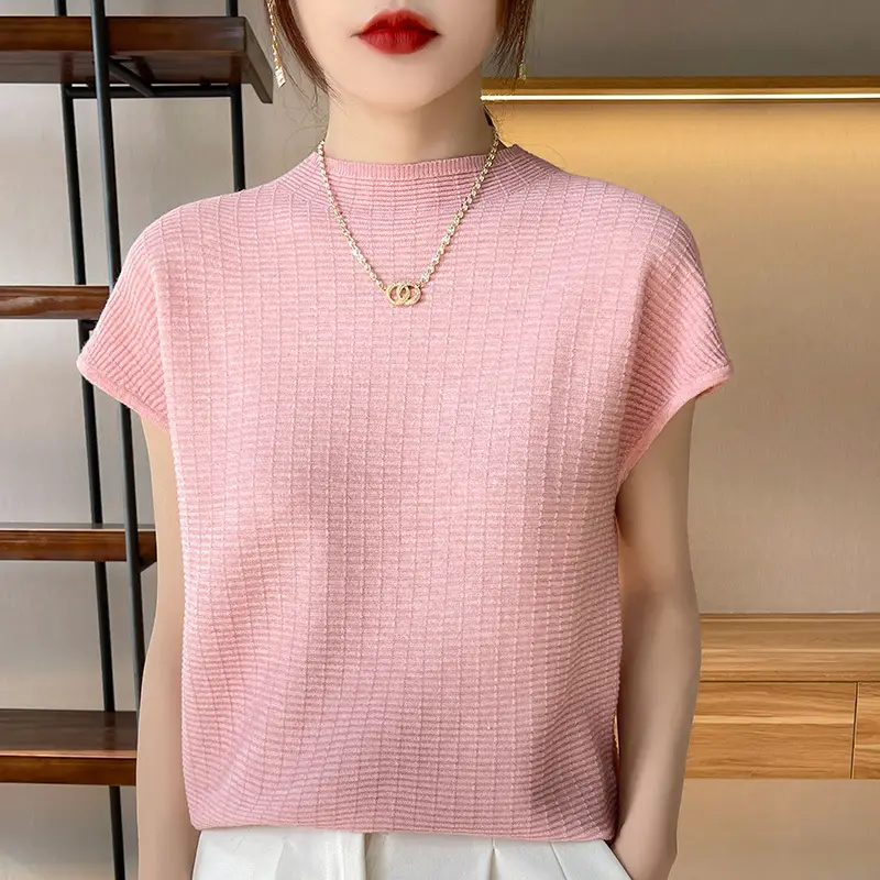 Women's White Knitted Checkered T-Shirt Half Turtleneck - Image 2