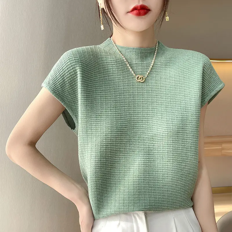 Women's White Knitted Checkered T-Shirt Half Turtleneck - Image 5