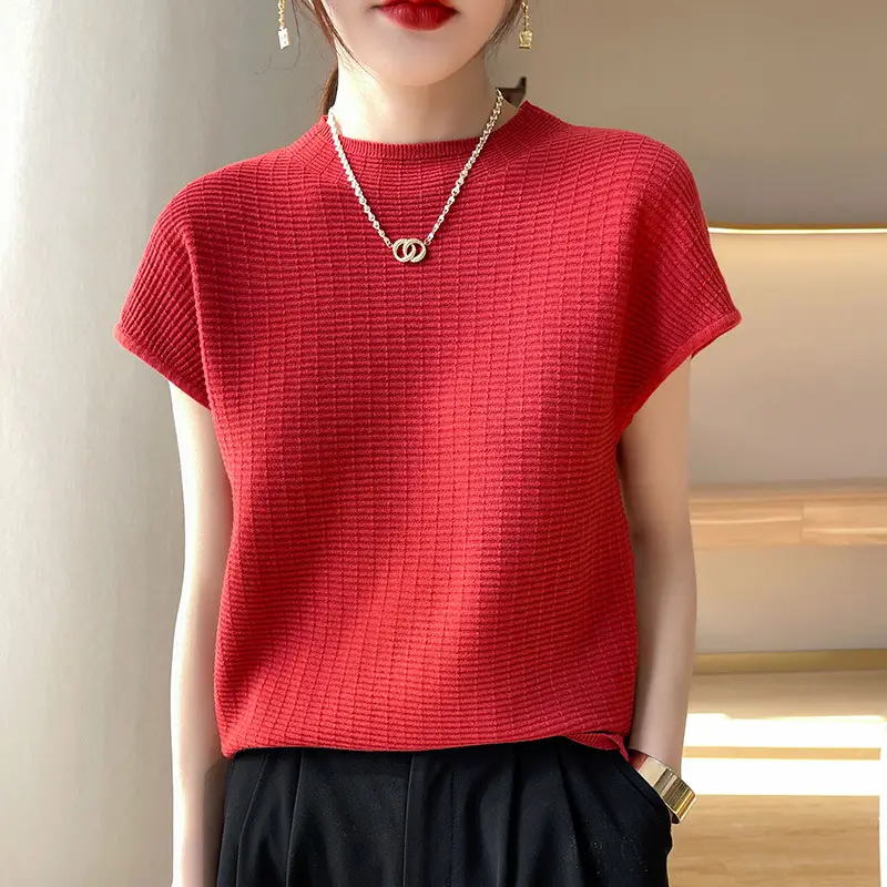Women's White Knitted Checkered T-Shirt Half Turtleneck - Image 7
