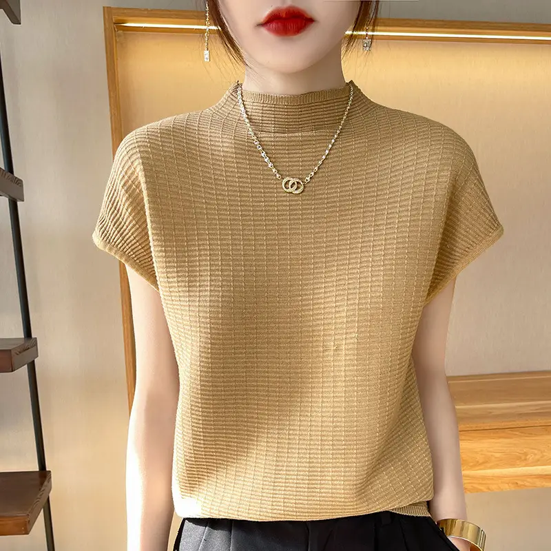 Women's White Knitted Checkered T-Shirt Half Turtleneck - Image 8