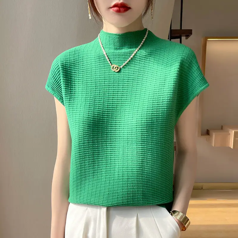 Women's White Knitted Checkered T-Shirt Half Turtleneck - Image 9