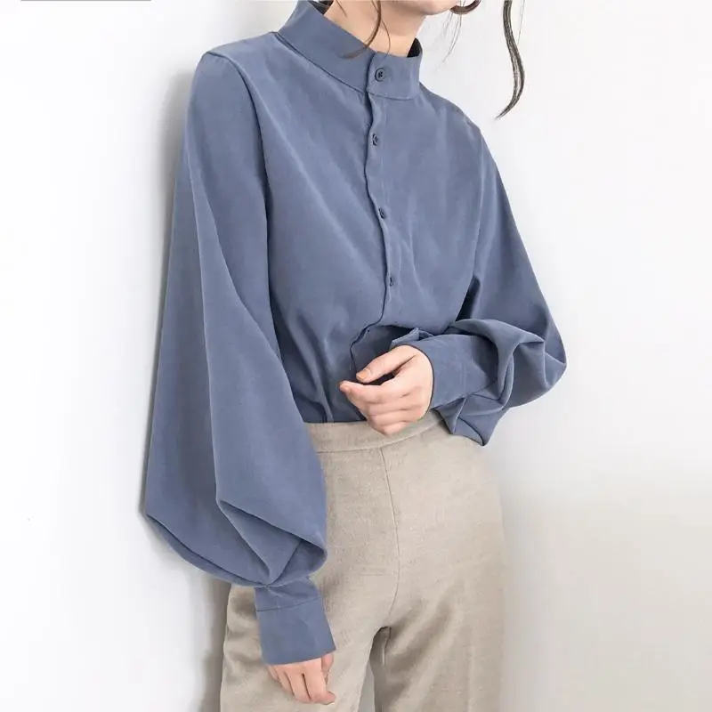 Women's Blue Long Sleeve Button Collar Shirt - Image 6