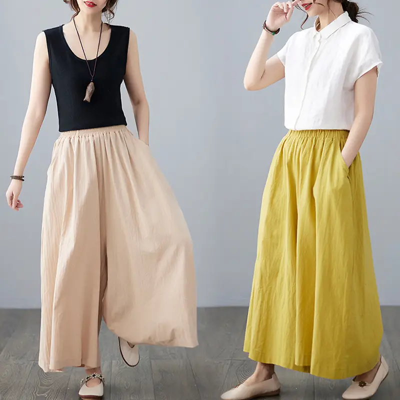 Women Cotton Linen Wide Leg Pants Yellow Fat mm - Image 5