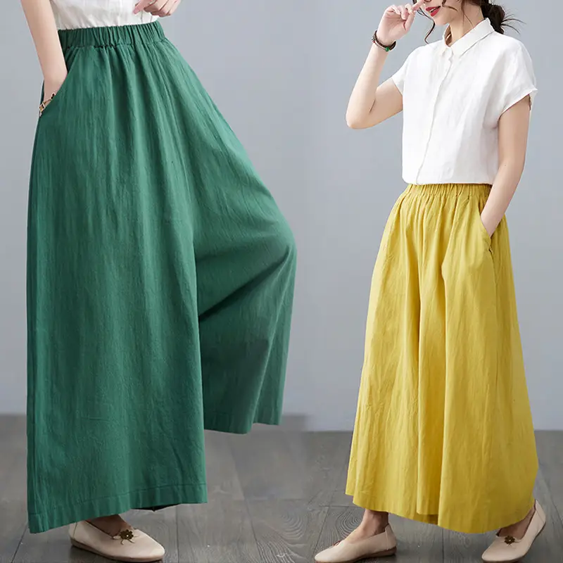 Women Cotton Linen Wide Leg Pants Yellow Fat mm - Image 6