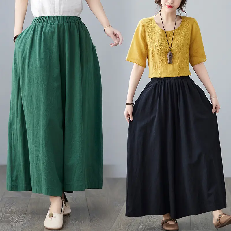 Women Cotton Linen Wide Leg Pants Yellow Fat mm - Image 7