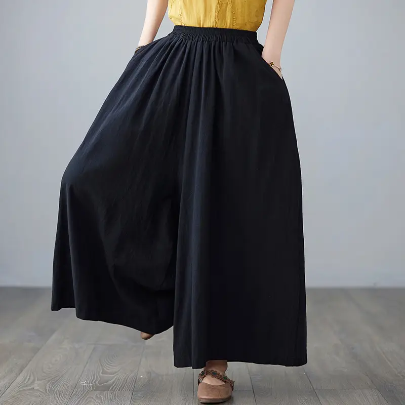 Women Cotton Linen Wide Leg Pants Yellow Fat mm - Image 8