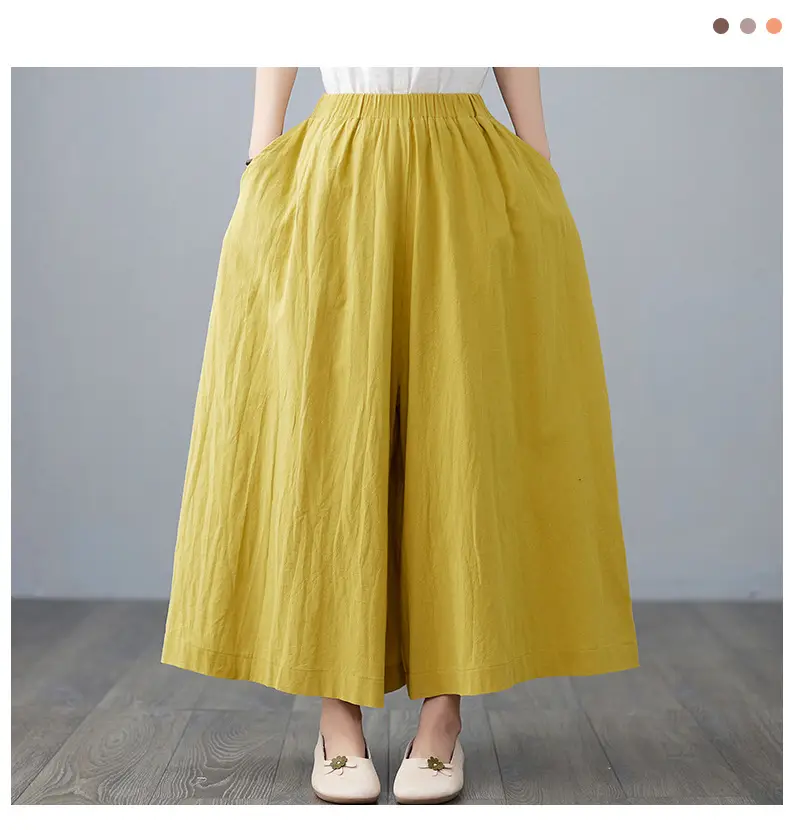 Women Cotton Linen Wide Leg Pants Yellow Fat mm — feature 10