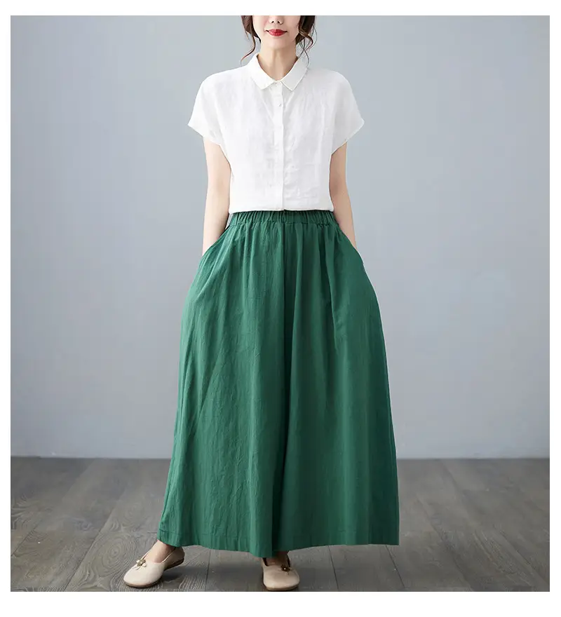 Women Cotton Linen Wide Leg Pants Yellow Fat mm — feature 11