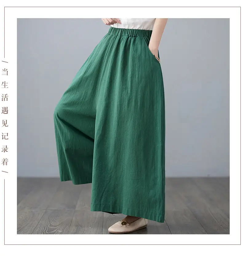 Women Cotton Linen Wide Leg Pants Yellow Fat mm — feature 12
