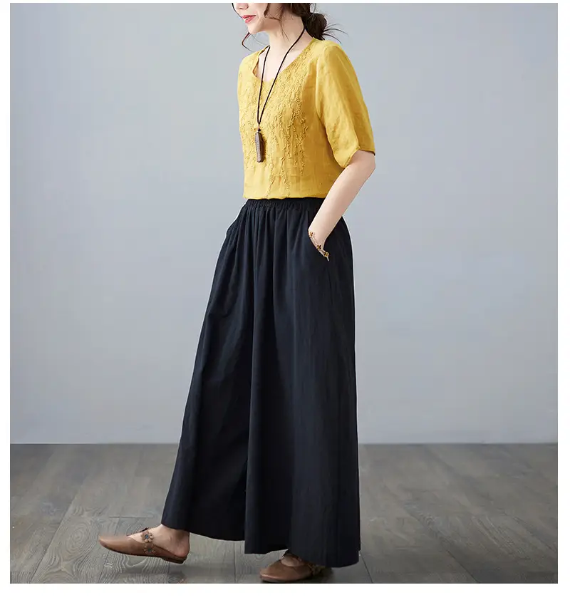 Women Cotton Linen Wide Leg Pants Yellow Fat mm — feature 13