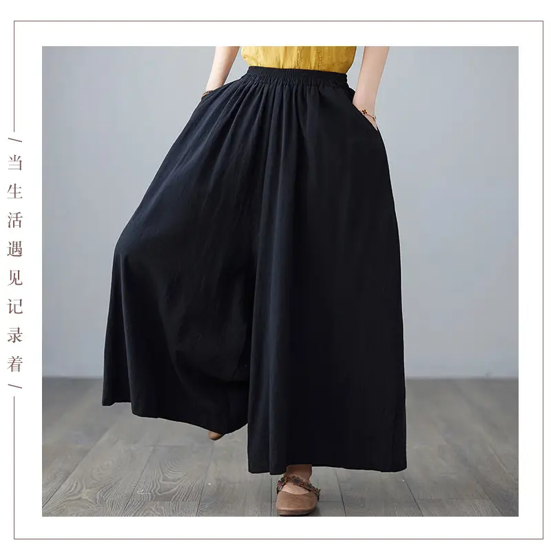 Women Cotton Linen Wide Leg Pants Yellow Fat mm — feature 14