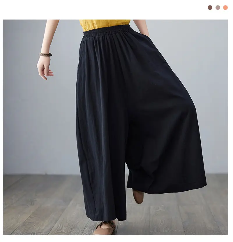 Women Cotton Linen Wide Leg Pants Yellow Fat mm — feature 15