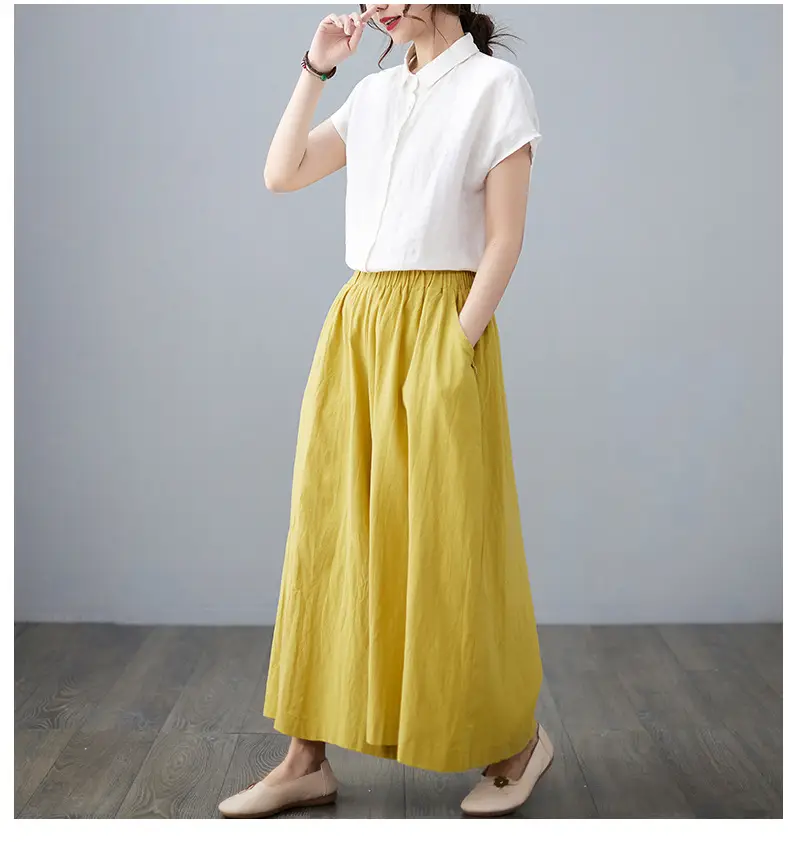 Women Cotton Linen Wide Leg Pants Yellow Fat mm — feature 7