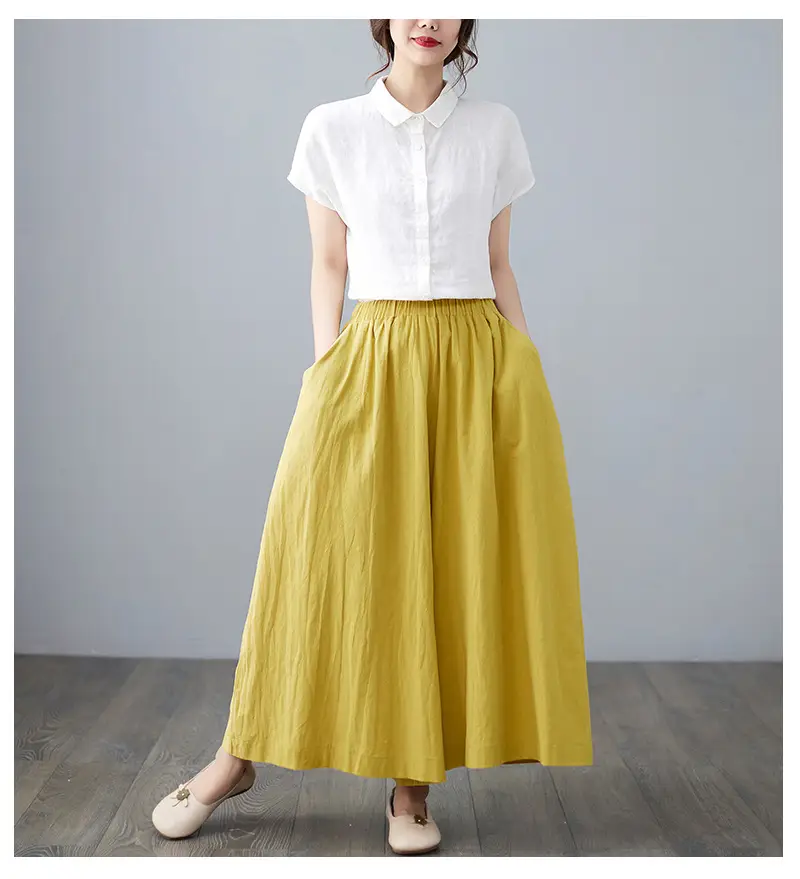 Women Cotton Linen Wide Leg Pants Yellow Fat mm — feature 8