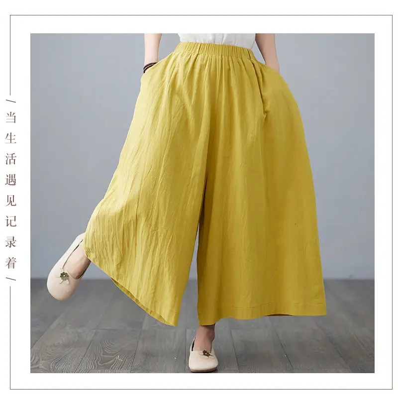 Women Cotton Linen Wide Leg Pants Yellow Fat mm — feature 9