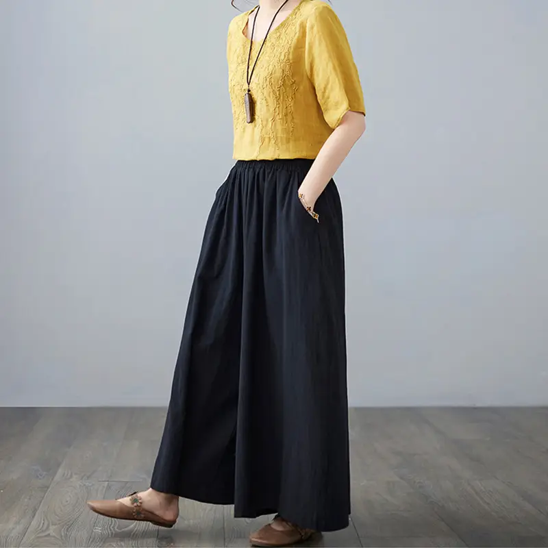 Women Cotton Linen Wide Leg Pants Yellow Fat mm - Image 2